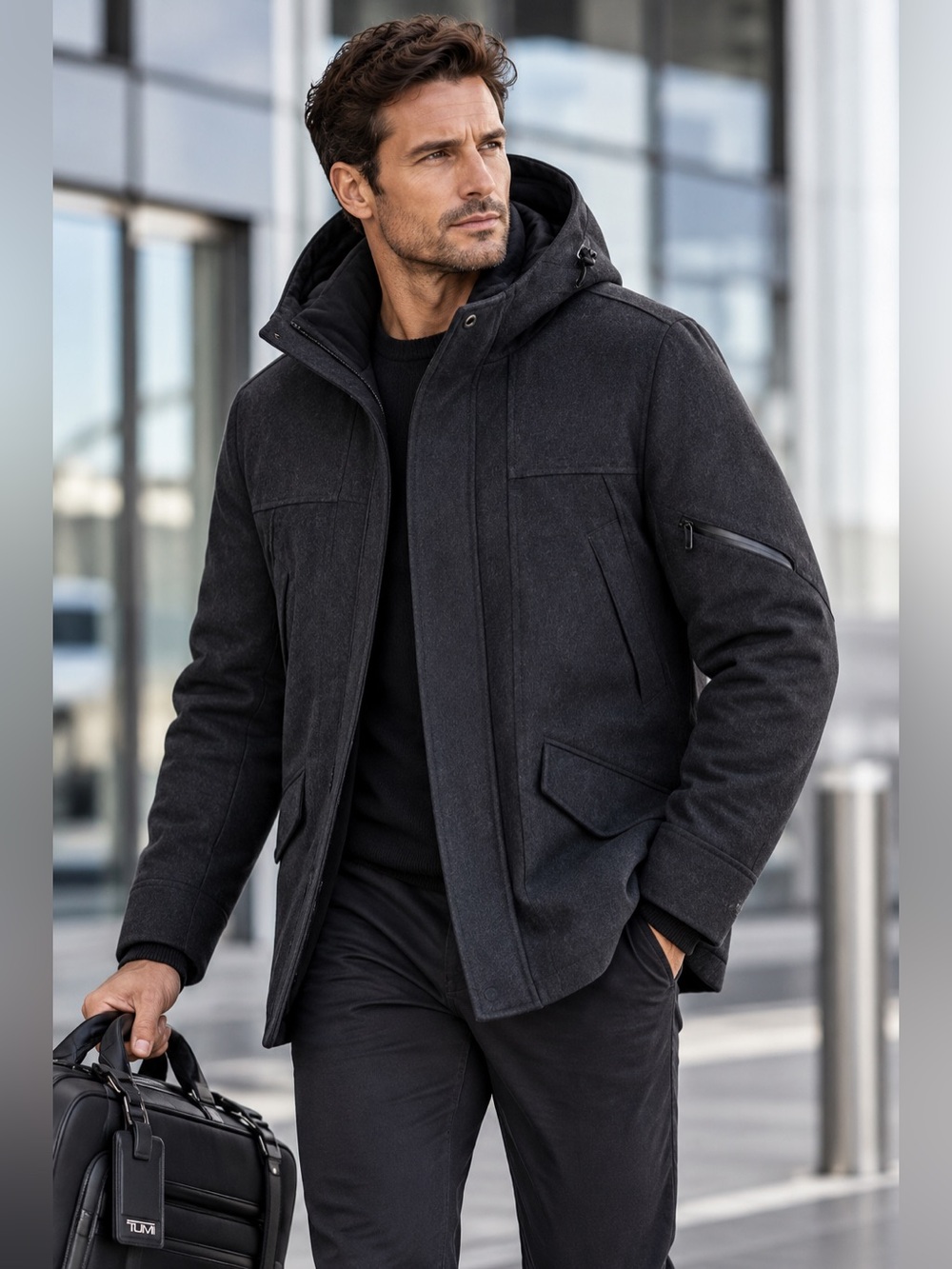 TUMI T-Tech Wool Blend Hooded Utility Jacket Charcoal Grey Men’s Medium